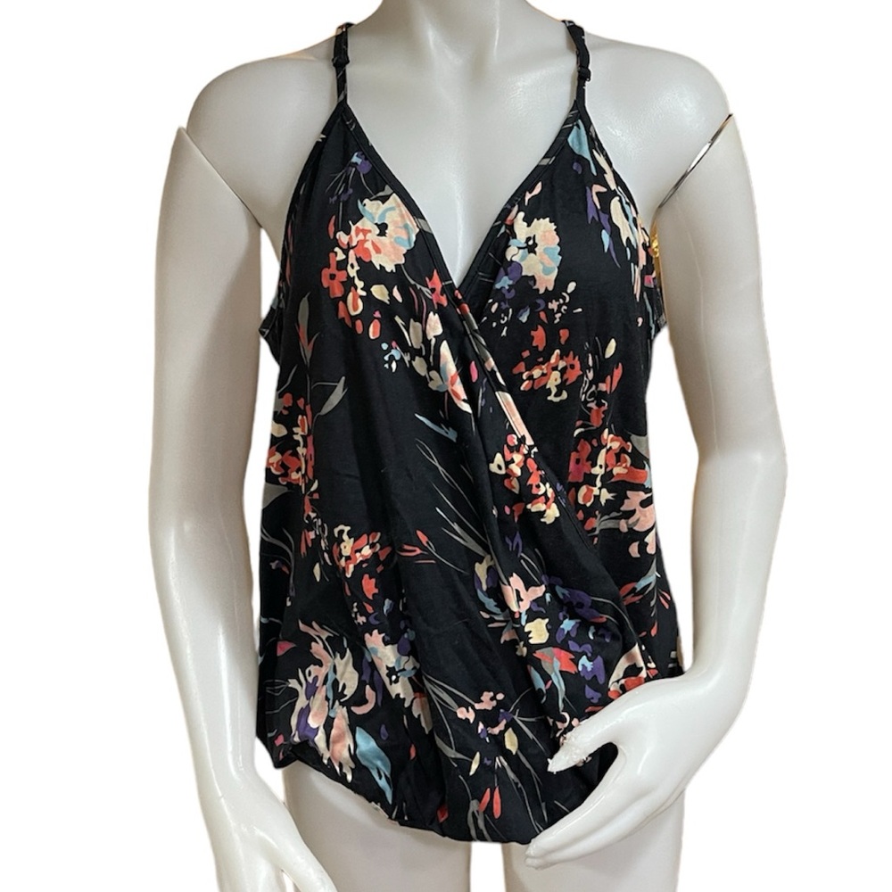 Women’s Deep V Neck Black Floral Blouse Size Large